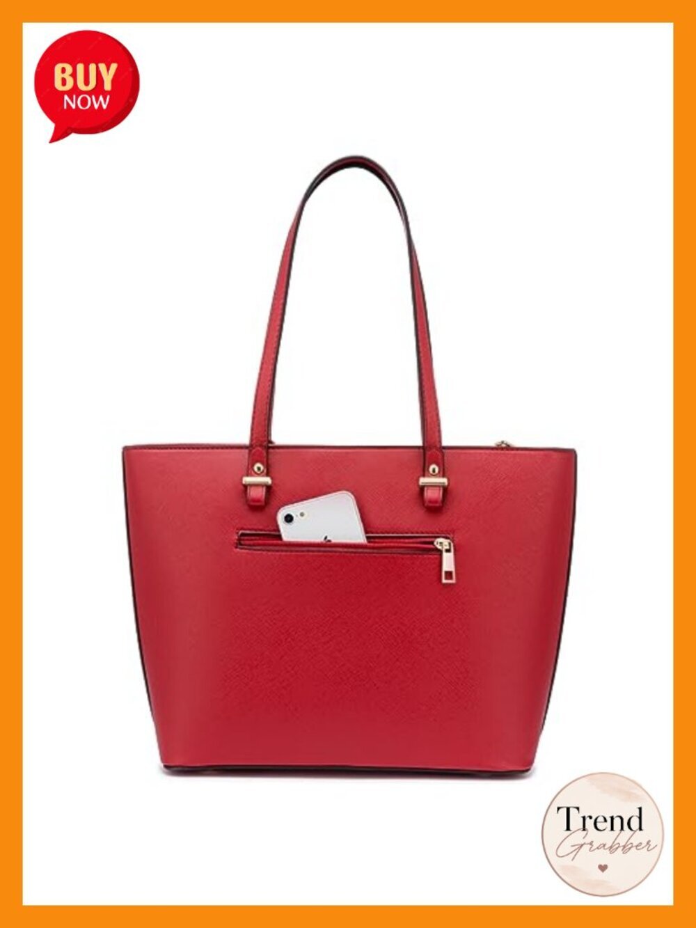 Faux Leather Tote Bag with External Zipper Pocket Fits Laptop